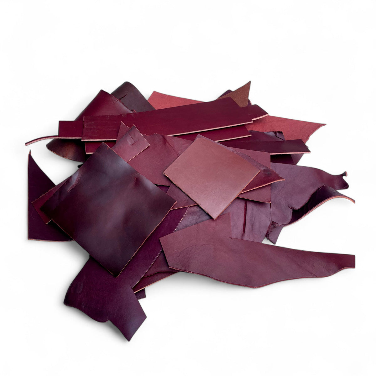 Share 2 lbs Veg Tan Burgundy Bridle Leather Scraps, Full Grain