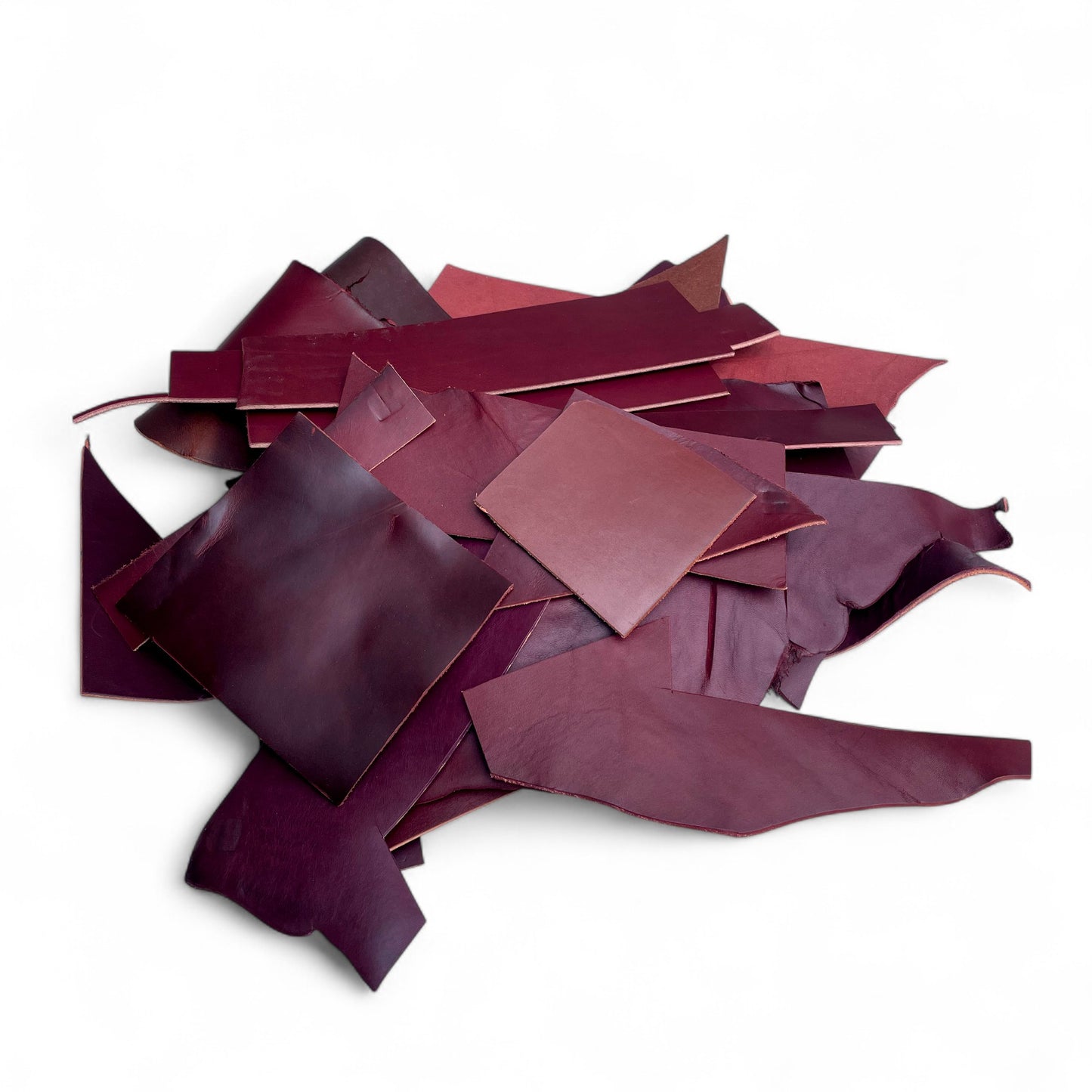 Share 2 lbs Veg Tan Burgundy Bridle Leather Scraps, Full Grain