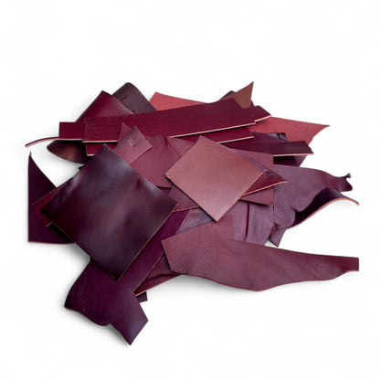 Share 2 lbs Veg Tan Burgundy Bridle Leather Scraps, Full Grain